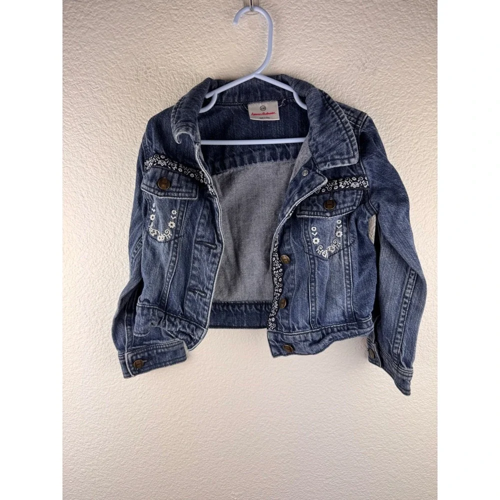 Hanna Andersson Embellished‎ Denim Jacket Distressed Floral Embroidered Size 5